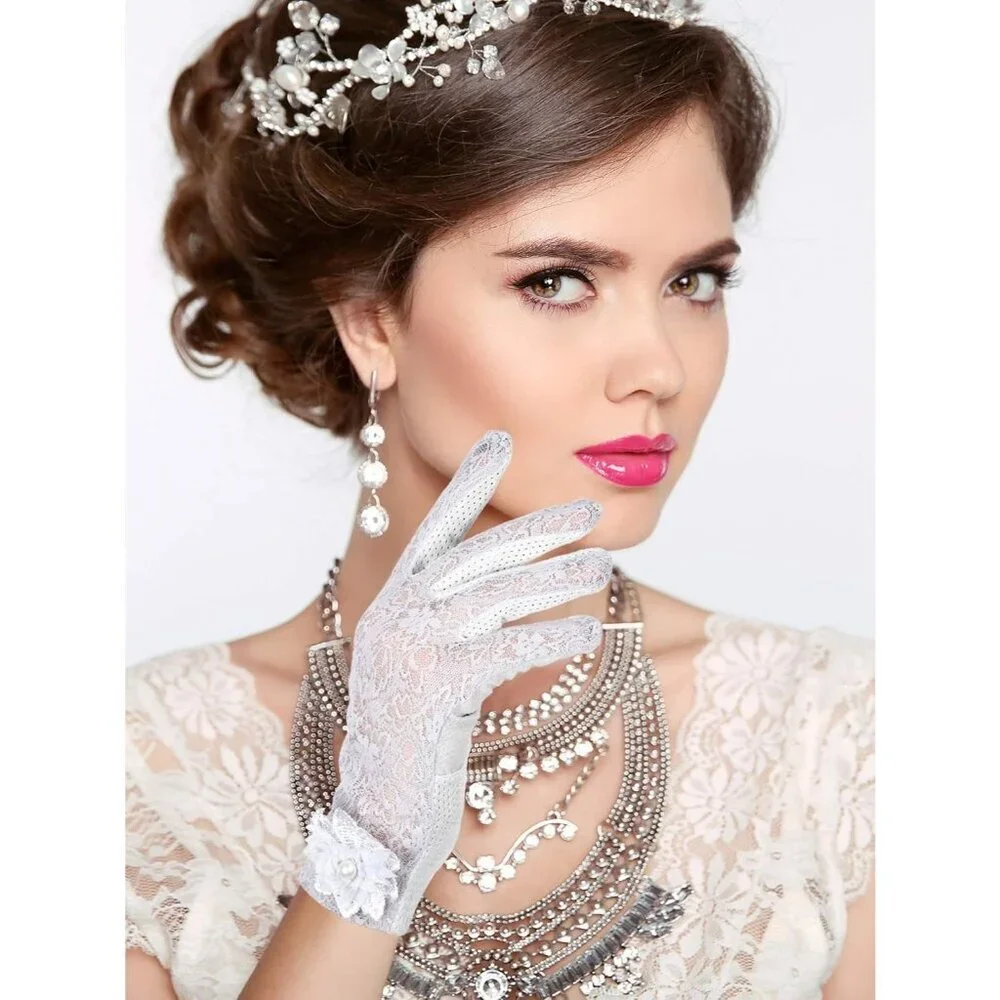 Women's Gray Fingerless Floral Short Lace Gloves Party Tea Halloween Wedding